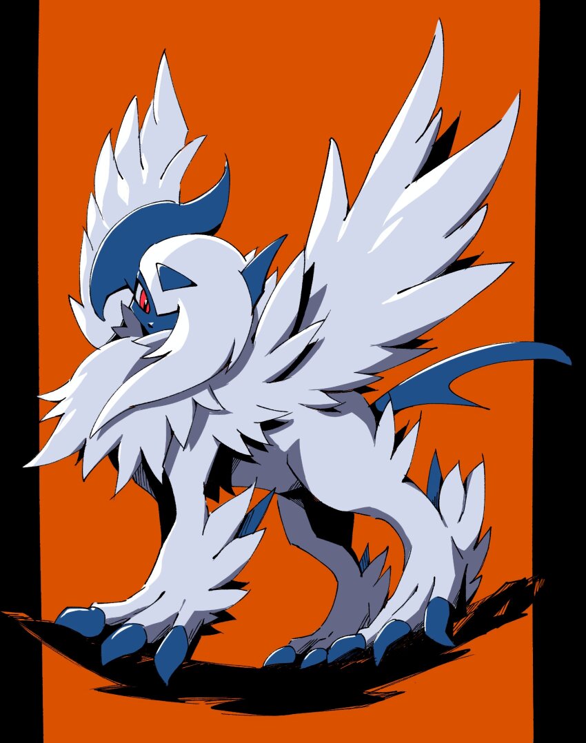 absol absurdres animal_focus claws feathered_wings gen_3_pokemon hair_over_one_eye highres horns looking_down mega_absol mega_pokemon nintendo no_humans pokemon pokemon_(creature) red_eyes solo venom_eno white_hair wings