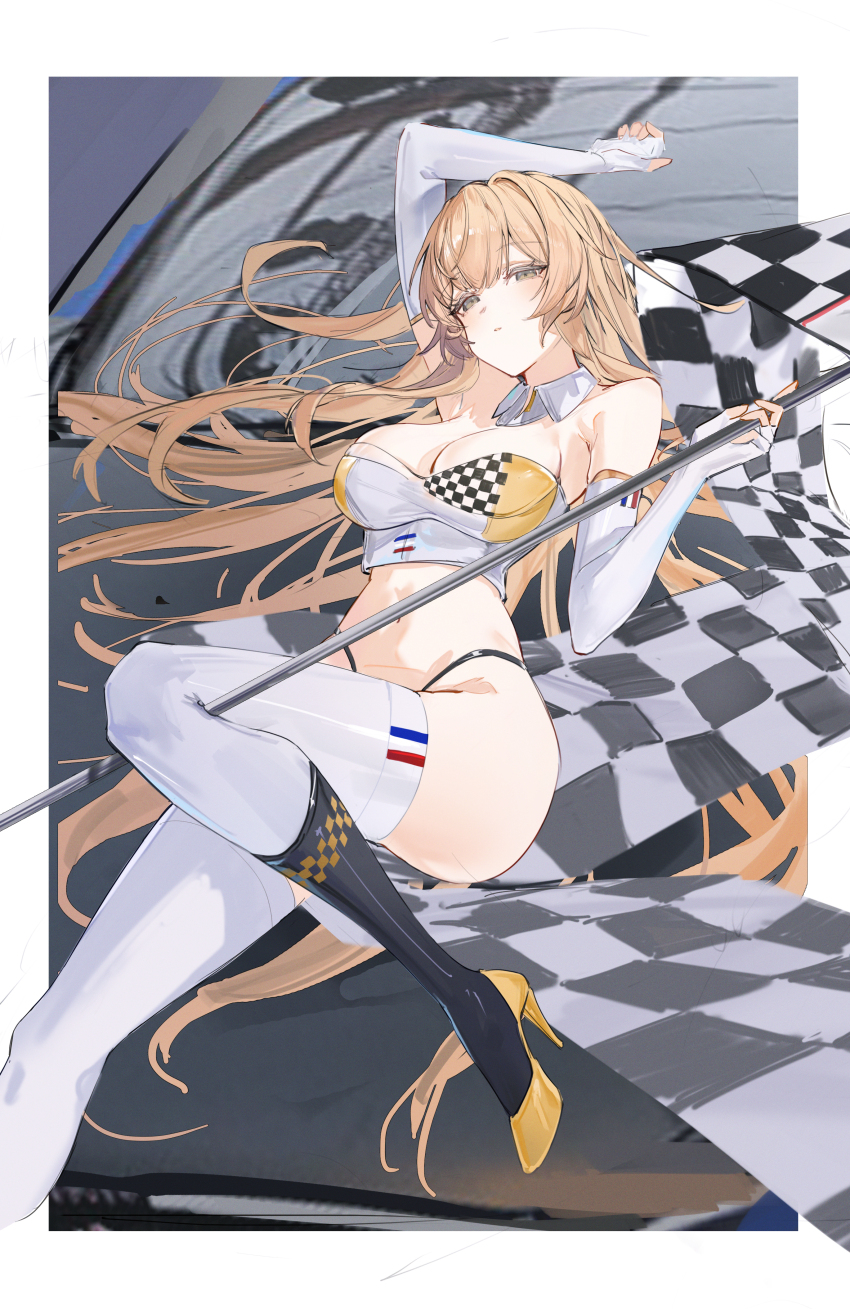 1girl absurdres blonde_hair breasts checkered_flag detached_collar elbow_gloves fingerless_gloves flag flantia foot_out_of_frame gloves high_heels highres holding holding_flag long_hair medium_breasts midriff navel original race_queen shoes solo thighhighs very_long_hair white_bustier white_gloves white_thighhighs yellow_shoes