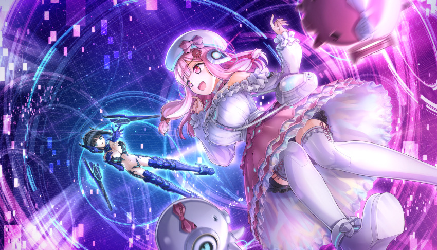 2girls black_hair breasts dolphin_wave dress eines_(dolphin_wave) floating floating_hair frilled_skirt frilled_sleeves frills game_cg green_eyes hair_ornament hairclip hat highres large_breasts long_hair long_sleeves looking_at_another mechanical_arms mechanical_legs multiple_girls nacht_(dolphin_wave) non-web_source official_art ootomo_takuji pink_hair puffy_long_sleeves puffy_sleeves short_hair skirt symbol-shaped_pupils thighhighs