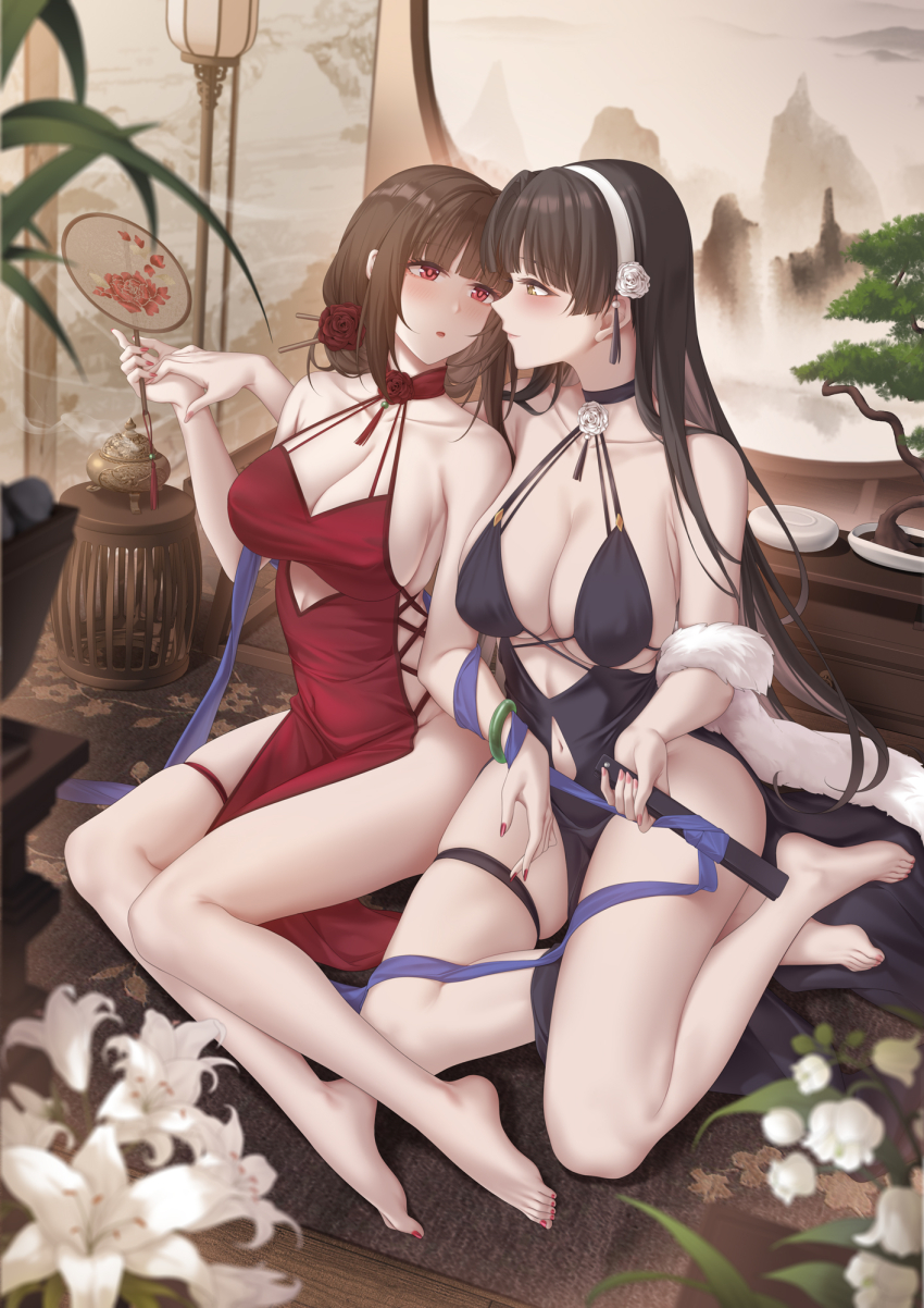 1913_(warship_girls_r) 2girls architecture bangle bare_hips bare_legs bare_shoulders barefoot between_thighs black_dress black_hair blunt_bangs blush bonsai bracelet breasts brown_hair cartonbox_(zhixiang_zhi) center_opening choker cleavage clothing_cutout colored_inner_hair covered_navel cross-laced_clothes cross-laced_dress cutout_above_navel dress east_asian_architecture evening_gown eye_contact flower hair_flower hair_ornament hair_stick hairband halter_dress halterneck hand_fan highres holding_hands jewelry large_breasts light_smile long_hair looking_at_another multi-strapped_dress multicolored_hair multiple_girls nail_polish navel_cutout no_bra no_panties parted_lips pelvic_curtain pink_nails red_choker red_dress red_eyes red_flower red_nails red_rose revealing_clothes rose shawl side_slit sideboob sideless_dress sitting skindentation smoke tassel thigh_strap thighs toenail_polish toenails very_long_hair warship_girls_r white_flower white_hairband white_rose yat_sen_(warship_girls_r) yellow_eyes yokozuwari yuri