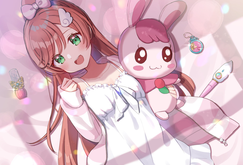 1girl absurdres alternate_hairstyle bow commentary dress from_above hair_bow hair_ornament hairclip healin&#039;_good_precure highres hiiragi_syuu hirogaru_sky!_precure holding holding_stuffed_toy hood hoodie kakuma_ai lips long_hair long_sleeves looking_at_viewer lying mirage_pen nightgown nijigaoka_mashiro on_back one_side_up open_clothes open_hoodie open_mouth pink_bow pink_hair pink_hoodie precure rabirin_(precure) sleepwear smile solo spaghetti_strap stuffed_animal stuffed_rabbit stuffed_toy voice_actor_connection white_dress wing_hair_ornament