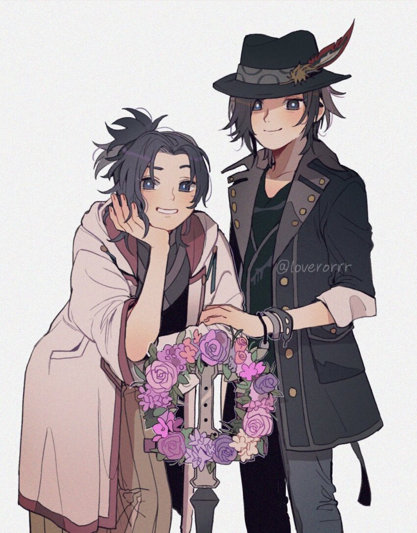2boys black_hair black_jacket blue_eyes brain_(kingdom_hearts) chest_strap commentary english_commentary eraqus flower hat hat_babo highres jacket keyblade kingdom_hearts kingdom_hearts_dark_road kingdom_hearts_x light_blush male_focus medium_hair multiple_boys ponytail purple_flower robe short_hair smile twitter_username v-neck white_robe