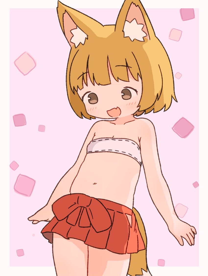 1girl :d absurdres animal_ear_fluff animal_ears blonde_hair border brown_eyes clothing_cutout cowboy_shot fang flat_chest fox_ears fox_girl fox_tail highres hip_vent irohiza loli miniskirt navel no_nose open_mouth original outside_border red_skirt skin_fang skirt smile solo strapless tail tareme tube_top white_border