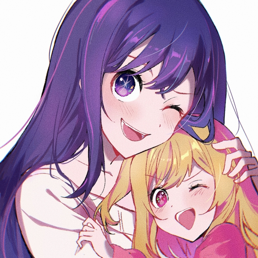 2girls blonde_hair blush collarbone commentary_request highres hoshino_ai hoshino_ruby long_hair mother_and_daughter multiple_girls one_eye_closed open_mouth oshi_no_ko pink_eyes purple_eyes purple_hair shirt simple_background star-shaped_pupils star_(symbol) symbol-shaped_pupils white_background white_shirt yamabukiyuki