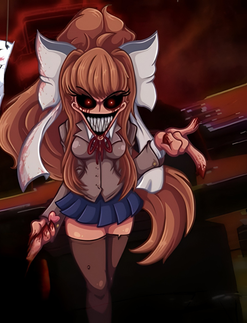 blood blood_on_face breasts creepy doki_doki_literature_club highres monika_(doki_doki_literature_club) non-web_source skirt