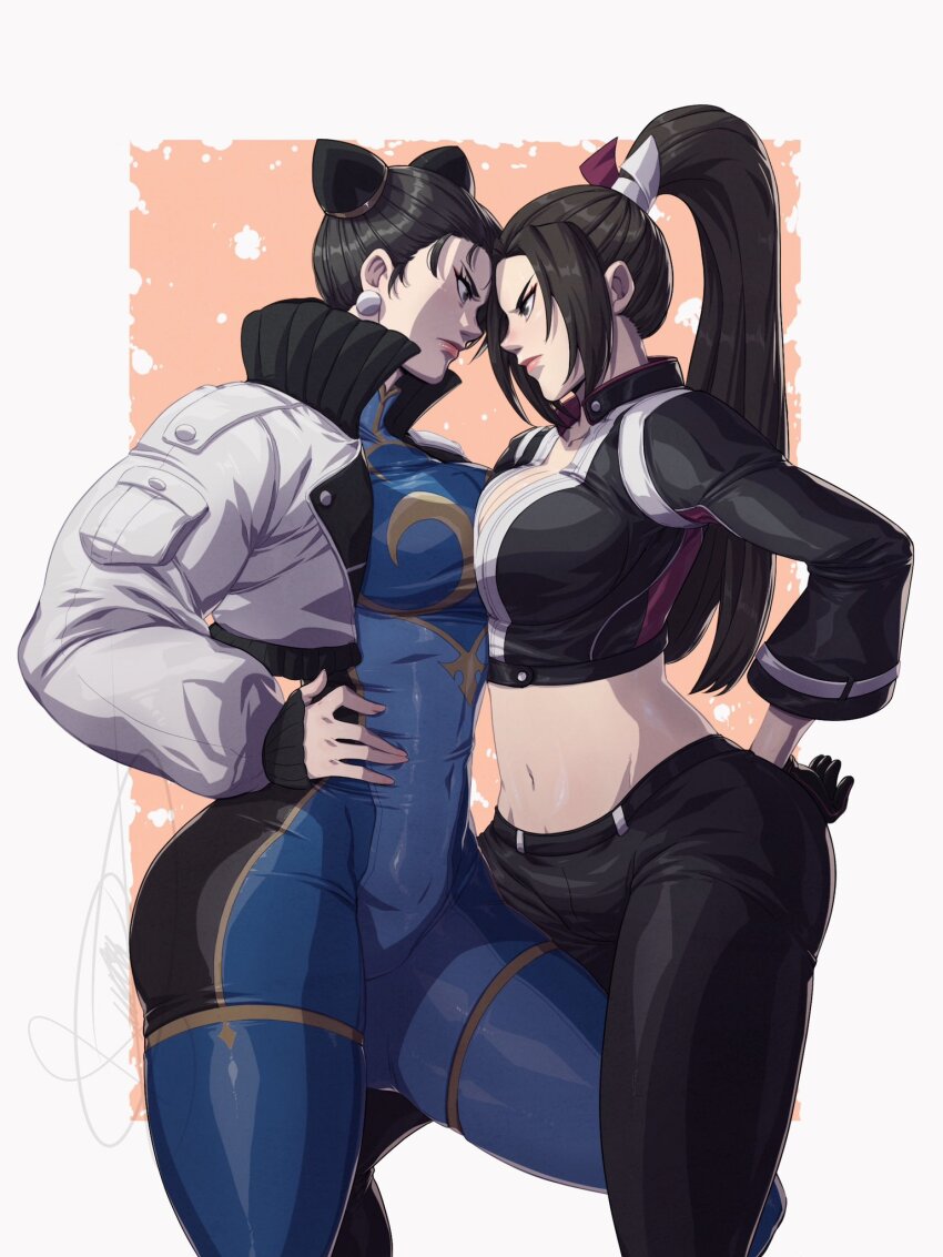 2girls akiman_pose black_jumpsuit breast_contest breast_press breast_zipper breasts brown_eyes brown_hair bun_cover capcom china_dress chinese_clothes chun-li confrontation crossover double_bun dress earrings eye_contact face-to-face faceoff fatal_fury fatal_fury:_city_of_the_wolves h_potemkin hair_bun highres jewelry jumpsuit large_breasts leather leather_pants long_hair looking_at_another motoyui multiple_girls noses_touching pants parody pearl_earrings ponytail rivalry shiranui_mai snk street_fighter symmetrical_docking