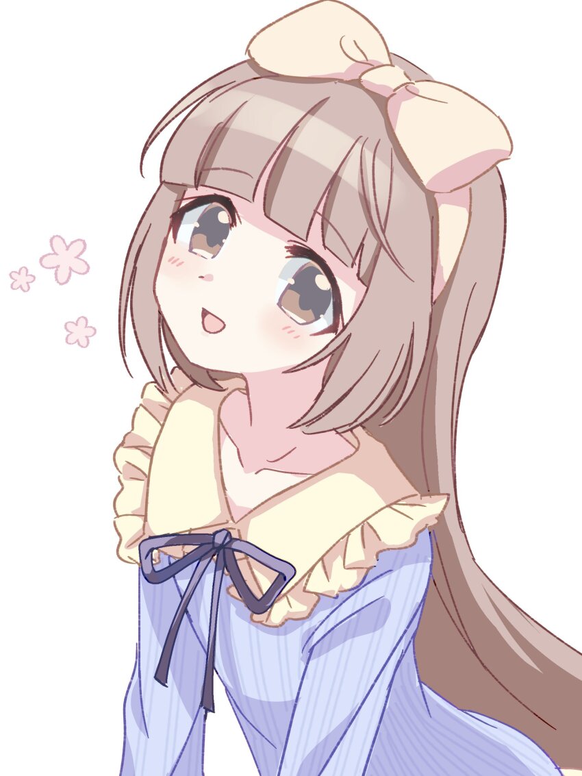 1girl absurdres blue_dress blush bow brown_eyes brown_hair collared_dress dress hair_bow highres idolmaster idolmaster_cinderella_girls kanipoposu long_hair looking_at_viewer open_mouth smile solo upper_body yorita_yoshino