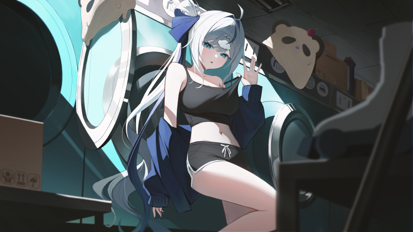 1girl absurdres ahoge aokumo_rin bare_shoulders black_shirt black_shorts blue_eyes blue_jacket blurry breasts camisole crop_top depth_of_field dolphin_shorts hair_ornament hair_ribbon hair_rings hairclip hand_up highres jacket large_breasts laundromat long_hair long_sleeves looking_at_viewer midriff multicolored_hair navel off_shoulder parted_lips ponytail pulling_own_clothes ribbon roller_skates shirt short_shorts shorts skates sleeveless sleeveless_shirt solo standing stellive stomach strap_pull streaked_hair thighs very_long_hair virtual_youtuber washing_machine white_hair yireh