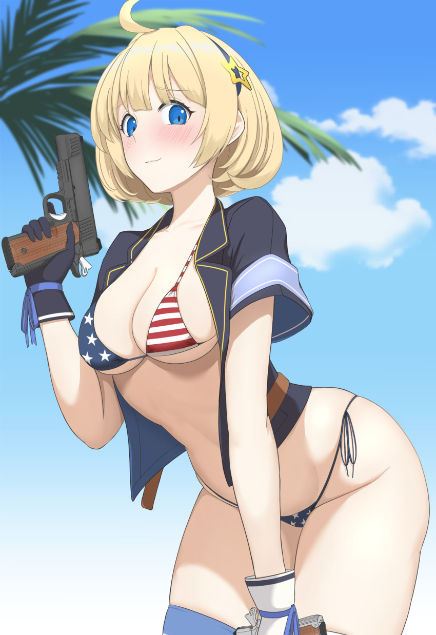 1girl ahoge american_flag american_flag_bikini american_flag_print asymmetrical_gloves bikini blonde_hair blue_sky blush breasts cleavage closed_mouth cloud cropped_jacket day flag_print girls&#039;_frontline gloves gun handgun highres holding holding_gun holding_weapon leaning_forward looking_at_viewer m1911 m1911_(girls&#039;_frontline) medium_breasts mismatched_gloves outdoors print_bikini short_hair side-tie_bikini_bottom sky solo sumi_ojie swimsuit trigger_discipline weapon