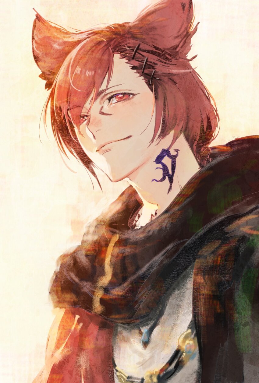 1boy animal_ears black_scarf closed_mouth commentary_request final_fantasy final_fantasy_xiv g&#039;raha_tia hair_over_one_eye highres jewelry kin_mokusei looking_ahead male_focus miqo&#039;te multiple_necklaces neck_tattoo necklace red_eyes red_hair robe scarf simple_background smile solo tattoo upper_body white_background