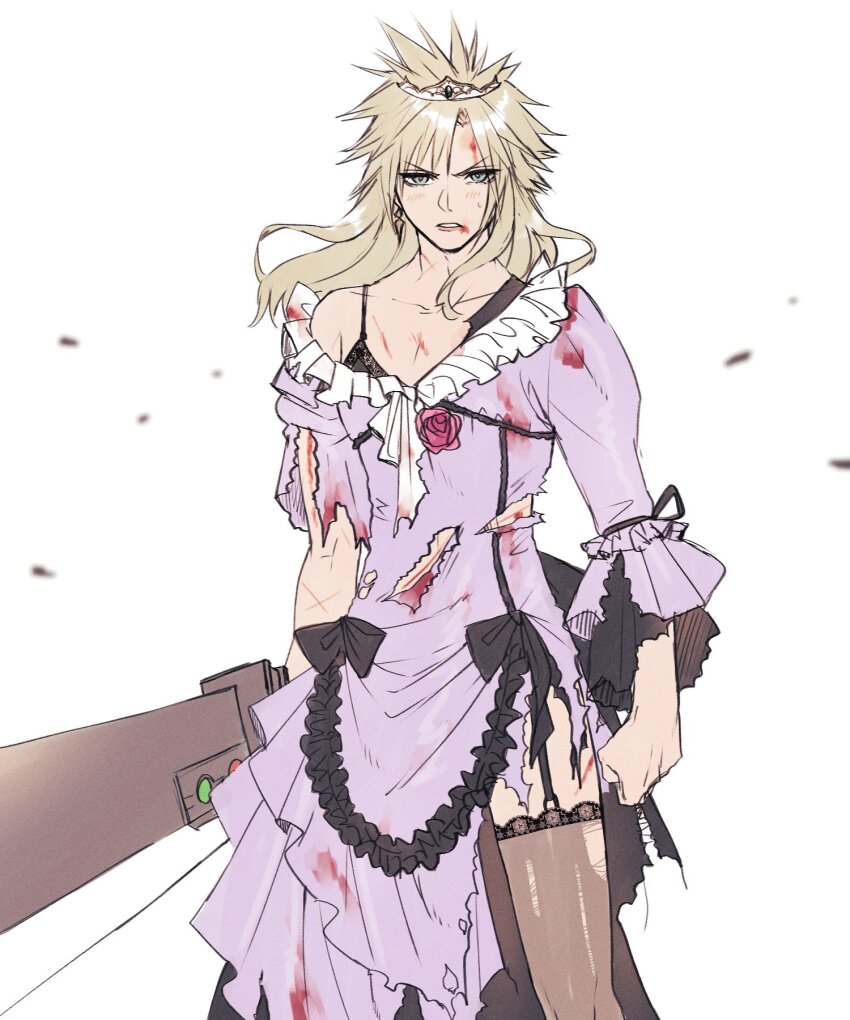 1boy ah_yoshimizu black_bow black_bra black_pantyhose blonde_hair blood blood_on_chest blood_on_clothes blood_on_face blood_on_leg blood_on_mouth bloody_clothes bloody_dress blue_eyes blush bow bra buster_sword clenched_hand cloud_strife cloud_strife_(ball_gown) commentary crossdressing crossdressing_(mtf) cuts dress earrings final_fantasy final_fantasy_vii final_fantasy_vii_remake floating_earrings flower frilled_dress frills garter_straps highres holding holding_sword holding_weapon injury jewelry juliet_sleeves lace lace_bra lace_trim long_hair long_sleeves male_focus pantyhose pink_flower pink_lips pink_rose puffy_sleeves purple_dress rose serious simple_background solo spiked_hair standing sweatdrop sword tiara torn_clothes torn_dress underwear upper_body weapon white_background wind
