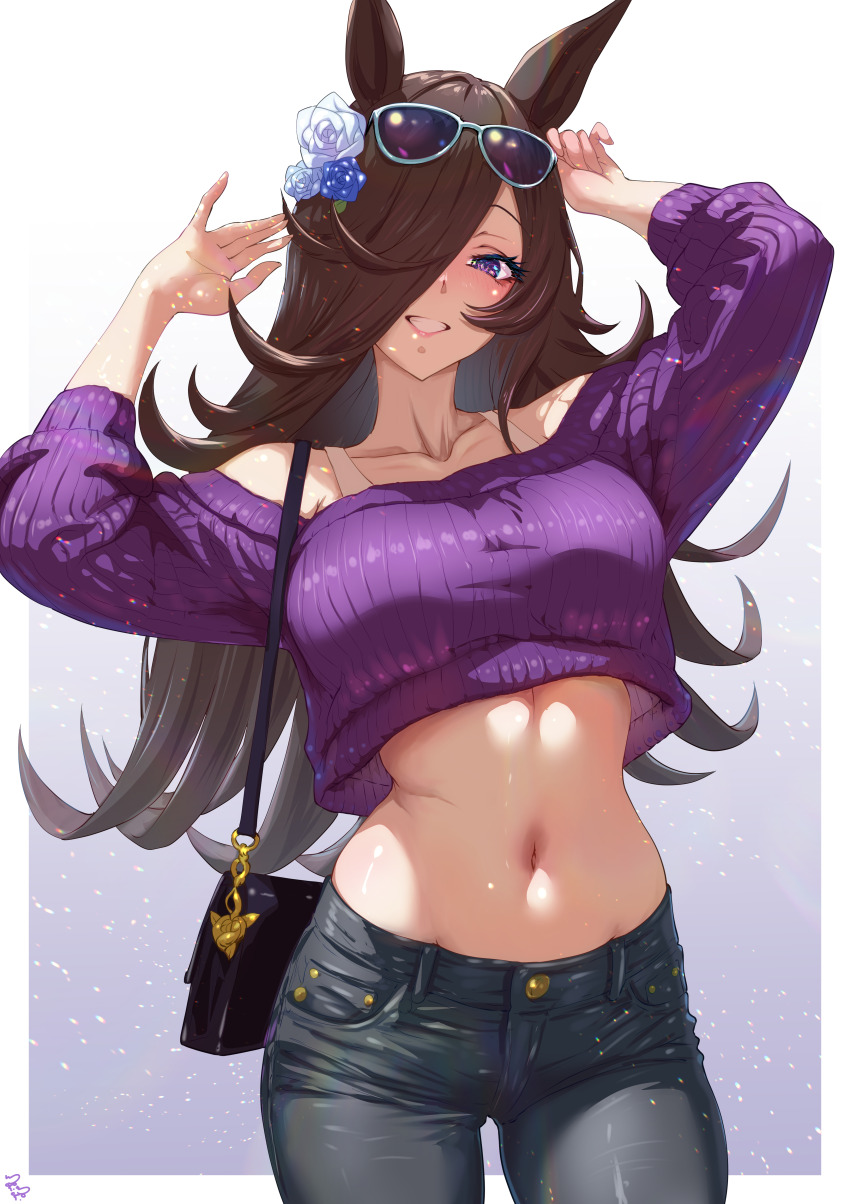 1girl absurdres animal_ears bag black_pants blue_flower blue_rose bra casual collarbone denim eyewear_on_head flower gradient_background grin hair_flower hair_ornament hair_over_one_eye highres horse_ears horse_girl jeans long_hair long_sleeves looking_at_viewer midriff momoyama_tits navel pants purple_eyes purple_sweater ribbed_sweater rice_shower_(umamusume) rose shoulder_bag simple_background smile solo sunglasses sweater umamusume underwear white_bra white_flower white_rose
