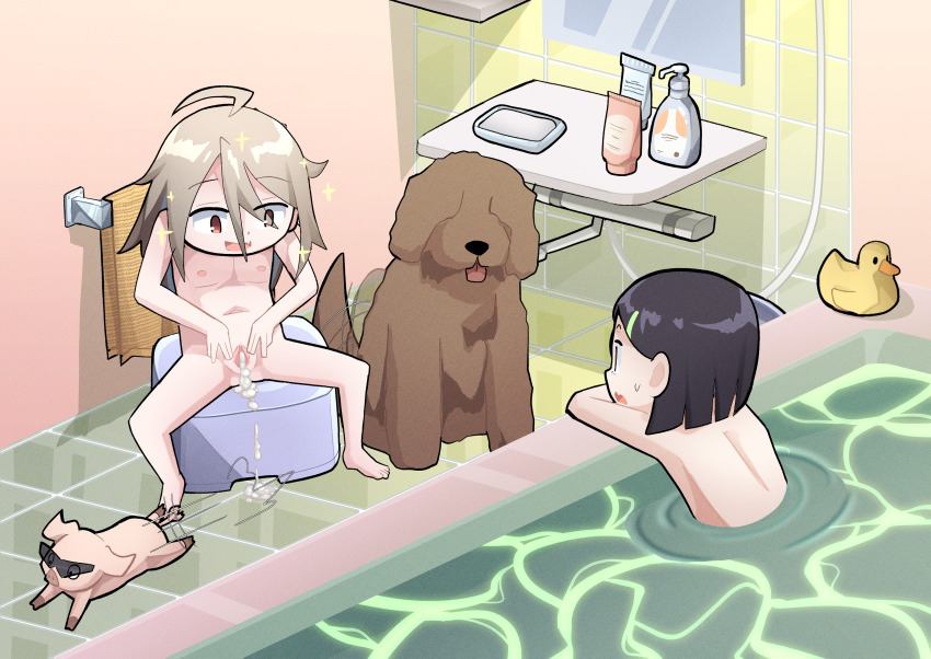absurdres after_vaginal aftersex ahoge bathing bathroom bathtub completely_nude cum cum_in_pussy cumdrip do_it_yourself!! dog gylmyr happy highres multicolored_hair nude open_mouth pig red_eyes short_hair spread_pussy sunglasses suride_miku uncensored water yua_serufu