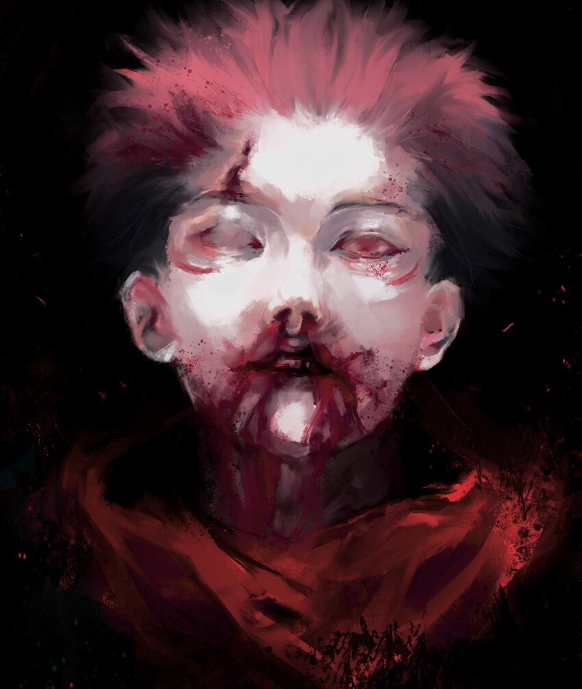 black_background bleeding blood blood_from_mouth blood_on_clothes blood_on_face cuts facial_mark highres hood hoodie injury itadori_yuuji jujutsu_kaisen looking_at_viewer male_focus nosebleed painterly parted_lips pink_hair red_eyes red_hoodie short_hair solo spiked_hair teeth undercut upper_teeth_only xa8uofivf2mcart