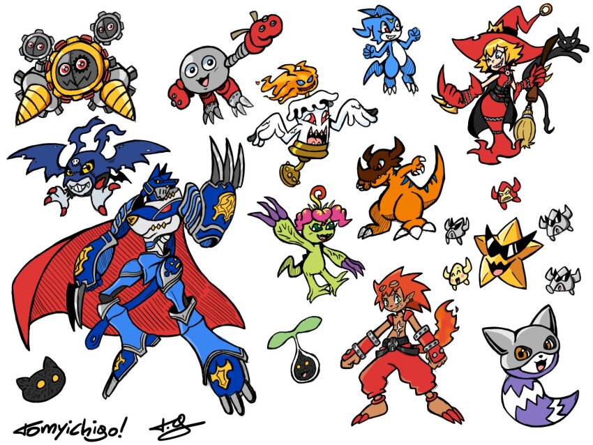 1girl black_cat botamon candmon caprimon cat digimon digimon_(creature) female_focus greymon hagurumon hagurumon_x-antibody happy hat highres mamemon miragegaogamon nyokimon palmon pickmon pickmon_(normal) pickmon_(rare) pickmon_(sunglasses) picodevimon simple_background smile solo starmon_(digimon_xros_wars) v-mon white_background witch witch_hat witchmon