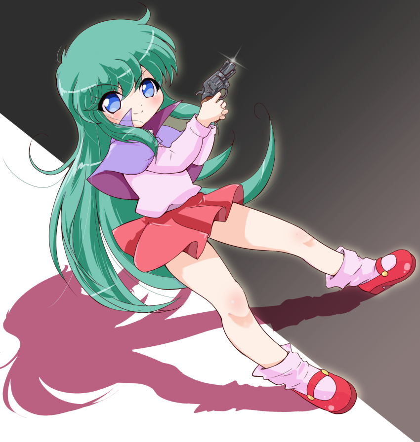 1girl ayanokouji_rem blue_eyes capelet dream_hunter_rem full_body green_hair gun handgun highres long_hair miniskirt pink_shirt pink_socks purple_capelet red_shoes red_skirt shadow shirt shoes skirt smile socks solo thighs weapon yoppi98ro