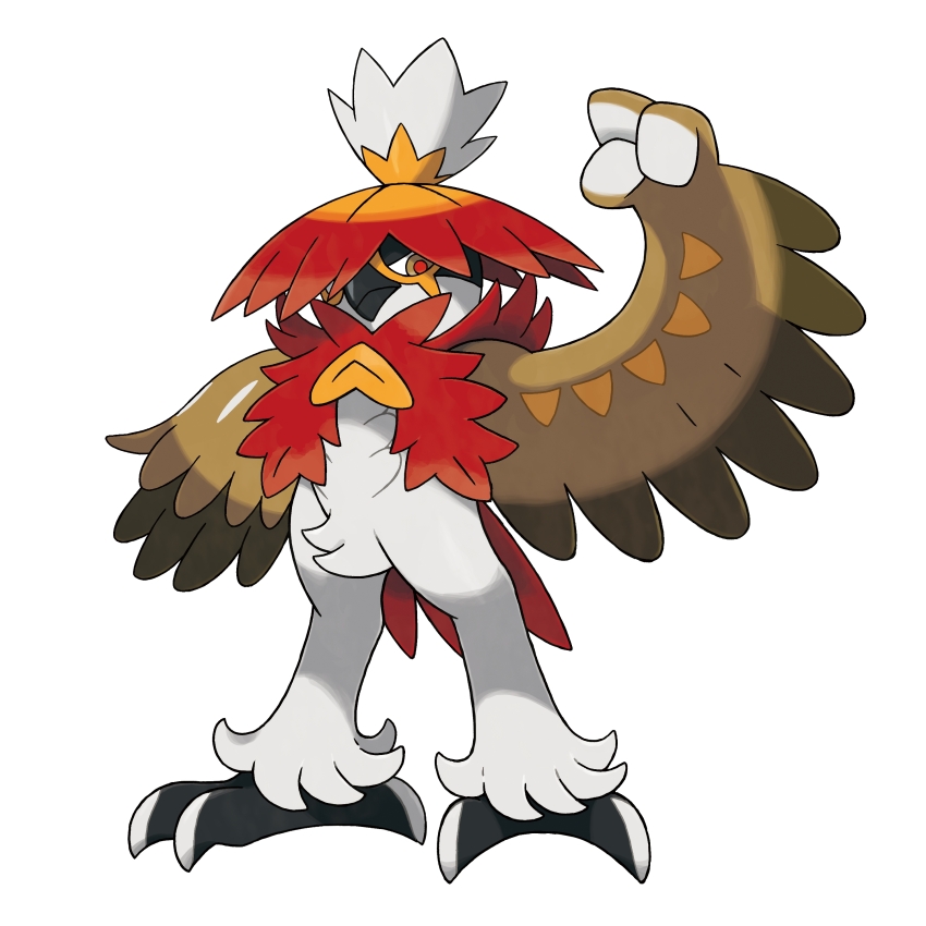 absurdres arm_up artist_request brown_eyes full_body highres hisuian_decidueye nintendo official_art pokemon pokemon_(creature) pokemon_focus pokemon_legends:_arceus red_pupils simple_background solo standing third-party_source white_background