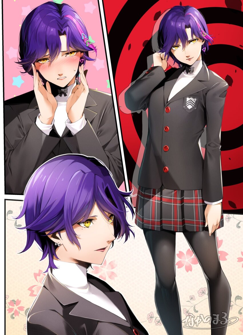 1girl blush brown_eyes closed_mouth commission cosplay earrings hair_ornament hairclip highres jewelry lips looking_at_viewer nakano_maru original persona persona_5 school_uniform short_hair shuujin_academy_school_uniform single_hair_streak skeb_commission skirt smile solo virtual_youtuber