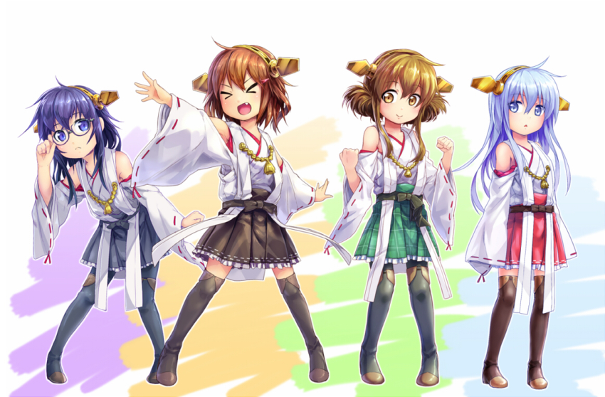 &gt;:d &gt;_&lt; 4girls :d ^_^ adjusting_eyewear akatsuki_(kancolle) bare_shoulders black_legwear blue_legwear blush boots chestnut_mouth closed_eyes cosplay detached_sleeves fang frilled_skirt frills full_body glasses haruna_(kancolle) haruna_(kancolle)_(cosplay) hibiki_(kancolle) hiei_(kancolle) hiei_(kancolle)_(cosplay) ikazuchi_(kancolle) inazuma_(kancolle) kantai_collection kirishima_(kancolle) kirishima_(kancolle)_(cosplay) kongou_(kancolle) kongou_(kancolle)_(cosplay) magenta_(atyana) multiple_girls nontraditional_miko open_mouth pantyhose parted_lips plaid_clothes plaid_skirt ribbon-trimmed_sleeves ribbon_trim simple_background skirt smile standing thigh_boots thighhighs v-shaped_eyebrows white_background