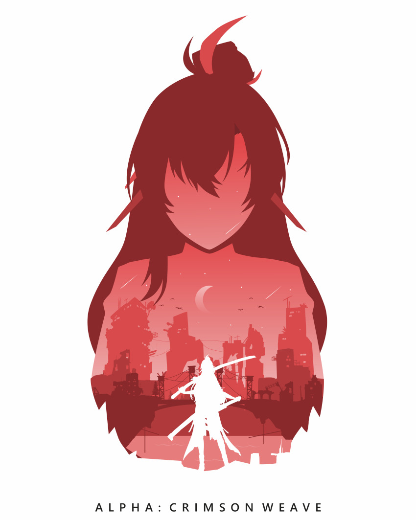 1girl absurdres alpha_(pgr) bridge building character_name commentary crescent_moon english_commentary facing_viewer hair_ornament highres holding holding_sword holding_weapon long_hair lucia:_crimson_weave_(pgr) minimalism monochrome moon ootachi over_shoulder punishing:_gray_raven red_theme rezami ruins scabbard second-party_source sheath silhouette solo standing sword sword_over_shoulder unsheathed water weapon weapon_over_shoulder white_background