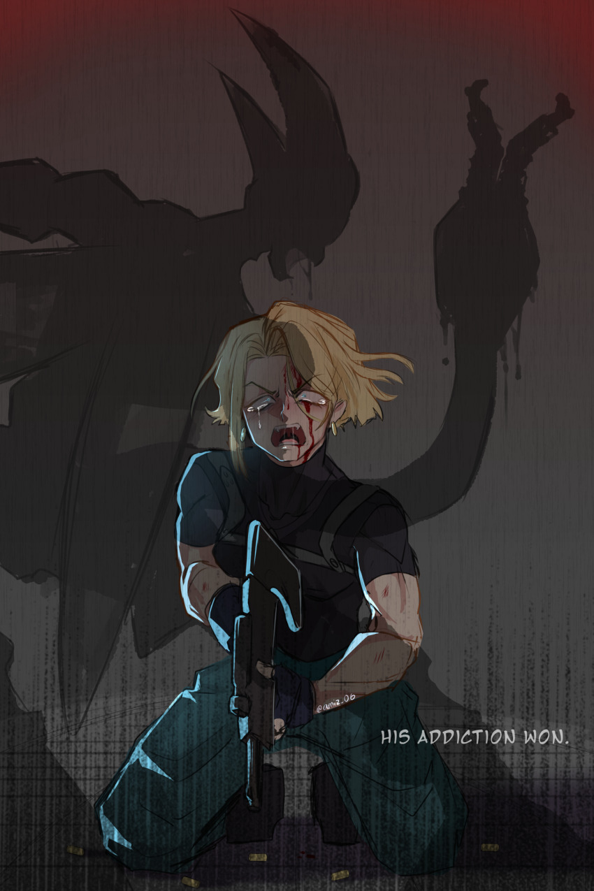 1boy 1girl absorbing alternate_universe amiz06 android_18 artist_name asymmetrical_sidelocks black_shirt blonde_hair blood blood_on_face bloody_tears blue_eyes blue_pants cell_(dragon_ball) commentary crying crying_with_eyes_open dragon_ball dragonball_z earrings english_commentary english_text facing_viewer fangs grey_background gun hair_between_eyes highres holding holding_gun holding_weapon hoop_earrings imperfect_cell jewelry open_mouth pants parted_bangs pixiv_username saliva shadow shell_casing shirt short_hair tail_vore tears tumblr_username weapon