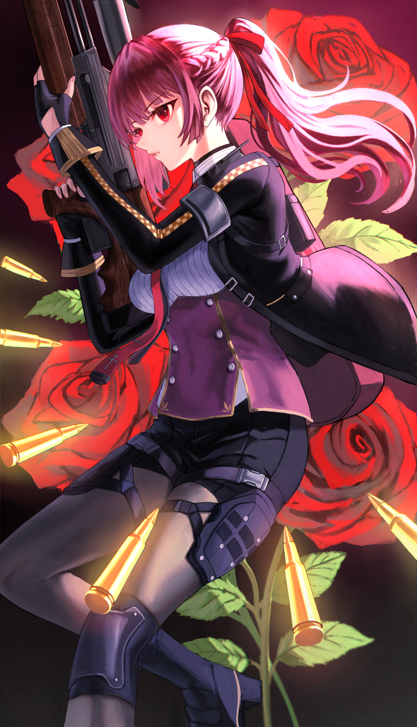 1girl absurdres black_boots black_gloves black_jacket black_shorts boots braid bullet bullpup commentary corset covered_navel fingerless_gloves flower girls&#039;_frontline girls&#039;_frontline_2:_exilium gloves gun hair_ribbon half_up_braid high_heel_boots high_heels highres holding holding_gun holding_weapon jacket knee_pads long_hair makiatto_(girls&#039;_frontline_2) necktie open_clothes open_jacket ponytail pouch profile purple_corset purple_hair red_eyes red_flower red_necktie red_ribbon red_rose ribbon rifle rose shirt shorts single_knee_pad sniper_rifle solo striped_clothes striped_shirt thigh_pouch tmrn8888 vertical-striped_clothes vertical-striped_shirt wa2000_(girls&#039;_frontline) walther walther_wa_2000 weapon white_shirt