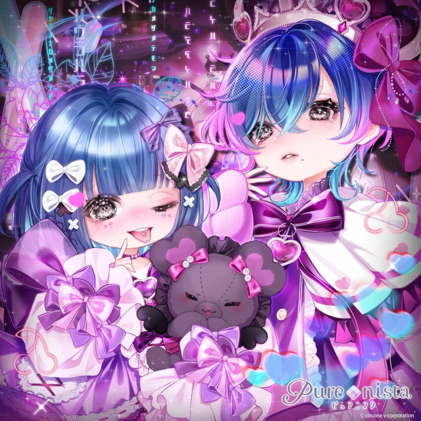 1boy 1girl ;p absurdres black_eyes blue_hair blunt_bangs blush bow cherry choker copyright_name crown eyelashes food forked_tongue frilled_sleeves frills fruit gradient_hair hair_between_eyes hair_bow heart heart_in_eye highres lips long_sleeves mole mole_under_mouth multicolored_hair official_art one_eye_closed piercing pink_bow puffy_long_sleeves puffy_sleeves purenista purple_bow purple_choker sleeves_past_wrists stuffed_toy symbol_in_eye teeth tongue tongue_out tongue_piercing too_many_bows upper_teeth_only white_bow