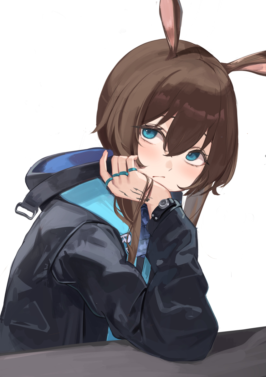 1girl absurdres amiya_(arknights) animal_ears arknights black_jacket blue_eyes blush brown_hair closed_mouth commentary hair_between_eyes head_rest highres jacket jewelry long_hair long_sleeves looking_at_viewer material_growth oripathy_lesion_(arknights) remapack77 ring simple_background solo upper_body white_background