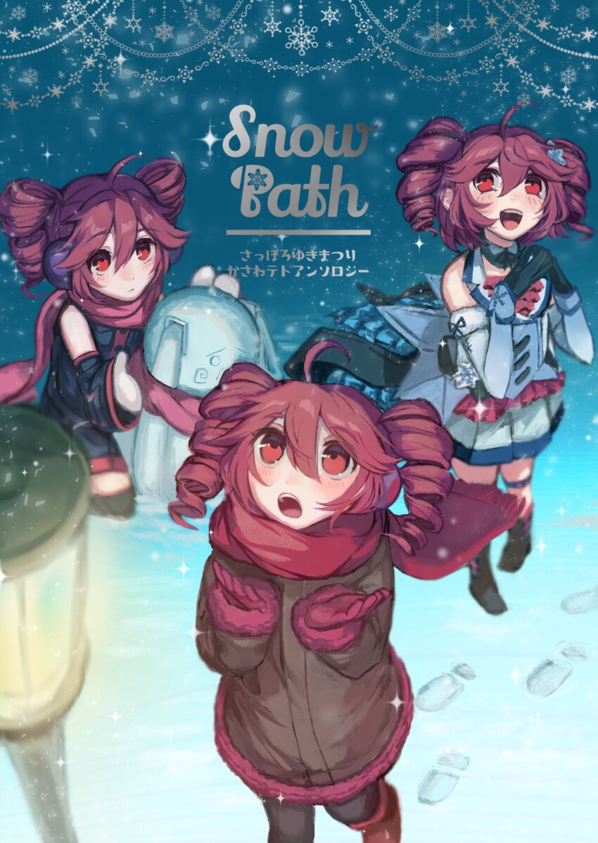 3girls :d absurdres ahoge alten black_coat black_pantyhose black_shirt black_skirt blush boots coat double-parted_bangs drill_hair dual_persona gloves hair_between_eyes haninon highres kasane_teto kasane_teto_(utau) lace-up_boots lamppost multiple_girls open_mouth outdoors pantyhose pleated_skirt red_eyes red_gloves red_hair red_scarf scarf shirt skirt smile snow snowing snowman teeth tongue twin_drills upper_teeth_only utau white_shirt winter