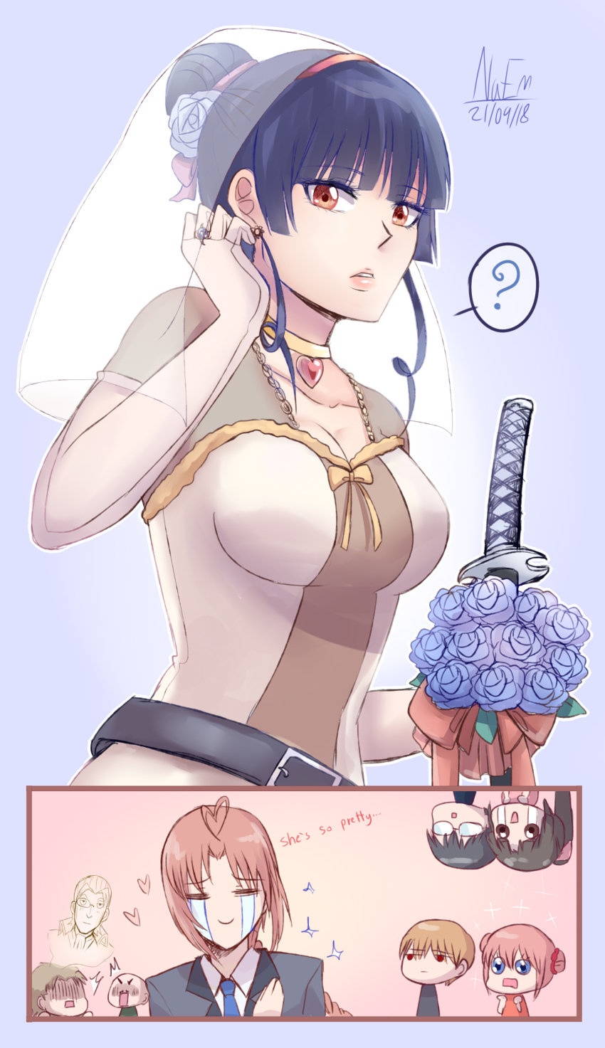 1girl ? absurdres adjusting_hair ahoge artist_name belt black_hair blackhaiper blue_background blue_flower blue_necktie blue_rose blunt_bangs bouquet breasts choker cleavage collarbone crying dated earrings elbow_gloves female_focus flower gintama gloves grey_flower grey_jacket grey_rose hair_bun hair_flower hair_ornament heart heart_ahoge heart_necklace highres holding holding_bouquet holding_sword holding_weapon imai_nobume jacket jewelry kagura_(gintama) kamui_(gintama) looking_at_viewer medium_breasts necklace necktie okita_sougo parted_lips red_eyes ribbon rose sheath sheathed short_hair_with_long_locks sidelocks single_hair_bun smile solo speech_bubble sword tears weapon white_gloves yellow_ribbon