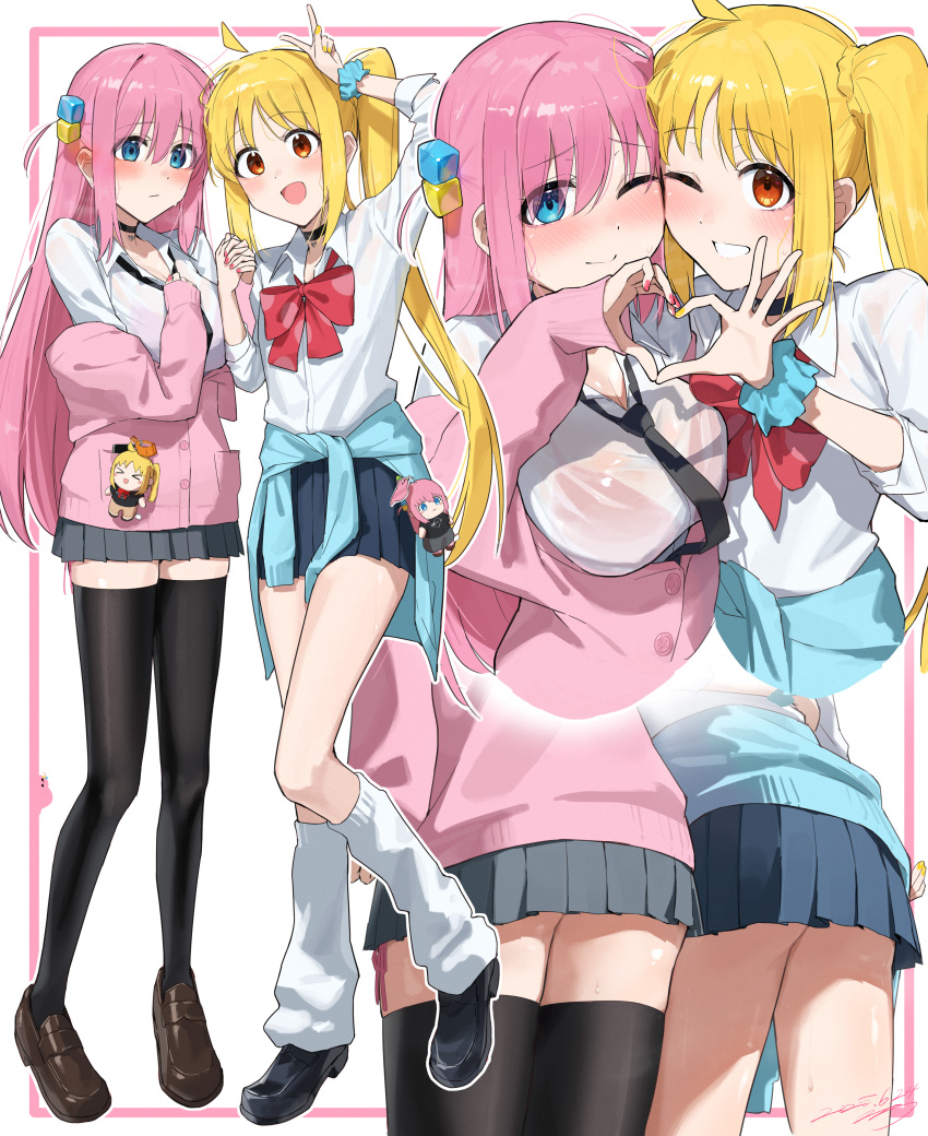 2girls :d absurdres ahoge arm_up black_necktie black_shoes black_thighhighs blonde_hair blue_eyes blue_skirt blue_sweater blush bocchi_the_rock! bow bowtie breasts brown_shoes cardigan closed_mouth clothes_around_waist collared_shirt commentary cube_hair_ornament gotoh_hitori hair_between_eyes hair_ornament heart heart_hands heart_hands_duo highres ijichi_nijika kneehighs large_breasts loafers long_hair long_sleeves looking_at_viewer loose_socks miniskirt multiple_girls necktie off_shoulder one_side_up open_mouth outline pink_cardigan pink_hair pleated_skirt red_bow red_bowtie red_eyes school_uniform see-through_clothes see-through_shirt seisyuntarotto shimokitazawa_high_school_uniform shirt shoes side_ponytail signature skirt smile socks standing sweater sweater_around_waist symbol-only_commentary thighhighs v white_background white_outline white_shirt white_socks zettai_ryouiki