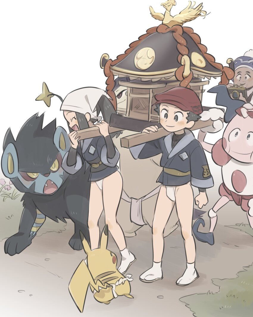 1girl 2boys absurdres akari_(pokemon) blue_hat camera closed_eyes commentary_request creatures_(company) dark-skinned_male dark_skin facial_hair fundoshi galaxy_expedition_team_survey_corps_uniform game_freak gen_1_pokemon gen_2_pokemon gen_4_pokemon goatee_stubble hat headscarf highres hisuian_typhlosion ho-oh holding holding_camera japanese_clothes kinni laventon_(pokemon) legendary_pokemon luxray mr._mime multiple_boys nintendo no_pants open_mouth pikachu pokemon pokemon_(creature) pokemon_legends:_arceus red_hat rei_(pokemon) shrine smile socks stubble white_headscarf white_socks