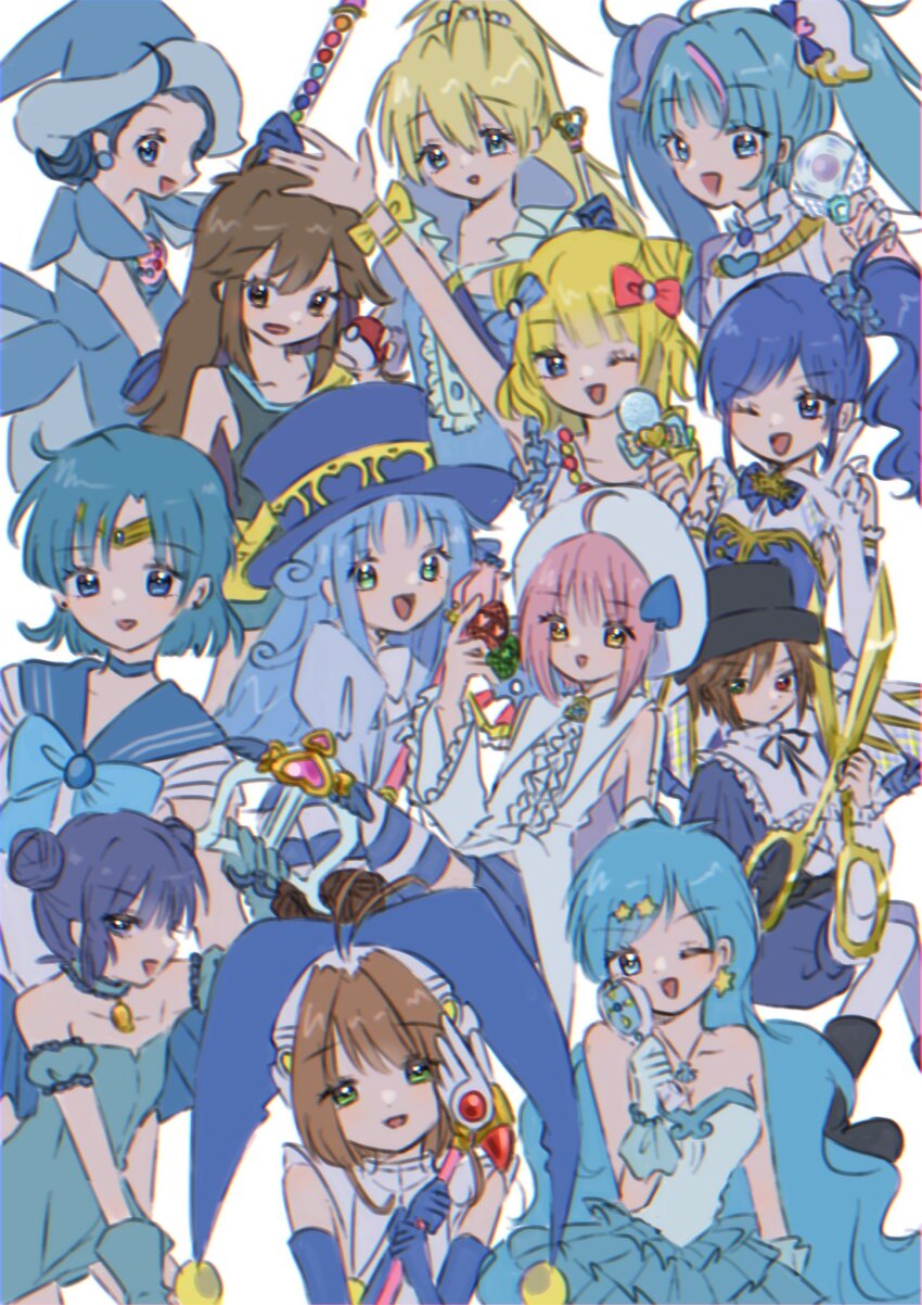 6+girls aikatsu! aikatsu!_(series) aizawa_mint amulet_spade antenna_hair arm_up atat_karubi bare_shoulders bishoujo_senshi_sailor_moon black_headwear black_shirt blonde_hair blue_bow blue_bowtie blue_choker blue_dress blue_eyes blue_gloves blue_hair blue_headwear blue_sailor_collar blue_theme blue_thighhighs blue_wings bow bowtie brown_hair cardcaptor_sakura choker closed_mouth collarbone color_connection cone_hair_bun crossover cure_sky detached_sleeves dot_mouth double_bun dress earrings elbow_gloves female_focus fushigiboshi_no_futago_hime fuuin_no_tsue gloves green_(pokemon) green_eyes hair_bow hair_bun hair_ornament hair_scrunchie hat heterochromia high_ponytail highres hinamori_amu hirogaru_sky!_precure holding holding_microphone holding_poke_ball holding_scissors holding_wand houshou_hanon houshou_hanon_(idol) index_finger_raised jewelry kinomoto_sakura kinomoto_sakura_(water_fairy) kiriya_aoi lilpri long_hair looking_at_viewer matching_hair/eyes mermaid_melody_pichi_pichi_pitch mew_mint microphone minami_mirei mizuno_ami multiple_crossover multiple_girls necklace nintendo ojamajo_doremi one_eye_closed open_mouth parted_lips pink_hair poke_ball pokemon pokemon_lgpe ponytail precure pretty_series pripara puffy_detached_sleeves puffy_sleeves red_bow red_eyes rein_(futagohime) rozen_maiden sailor_collar sailor_mercury sailor_senshi_uniform scissors scrunchie senoo_aiko shirt short_hair shugo_chara! side_ponytail simple_background sleeveless sleeveless_dress sleeveless_shirt sora_harewataru souseiseki spade_hair_ornament star_(symbol) star_earrings star_hair_ornament striped_clothes striped_thighhighs takashiro_reira thighhighs tiara tokyo_mew_mew top_hat twintails very_long_hair wand white_background white_gloves white_thighhighs wings wink witch_hat yellow_eyes