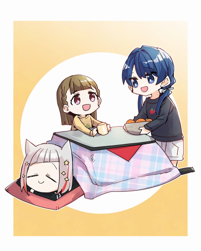 3girls :d animal_ears black_gloves black_jacket black_sweater blue_eyes blue_hair blue_ribbon bowl braid brown_hair cat_ears center-flap_bangs closed_eyes closed_mouth commentary cup dark_blue_hair diagonal_bangs dollchestra food fruit fruit_bowl full_body gloves grey_hair hair_ornament hair_ribbon highres holding holding_bowl holding_cup jacket kachimachi_kosuzu kanduki_kamibukuro kemonomimi_mode kneeling kotatsu link!_like!_love_live! long_hair long_sleeves looking_at_another loungewear love_live! low_twintails mandarin_orange mole mole_on_neck mug multicolored_hair multiple_girls murano_sayaka murano_sayaka_(summer_loungewear) open_mouth pink_eyes red_hair ribbon shirt short_hair shorts side_braids smile star_(symbol) star_hair_ornament straight_hair streaked_hair sweater table twintails under_kotatsu under_table virtual_youtuber white_background white_shorts yellow_shirt yugiri_tsuzuri yugiri_tsuzuri_(summer_loungewear)