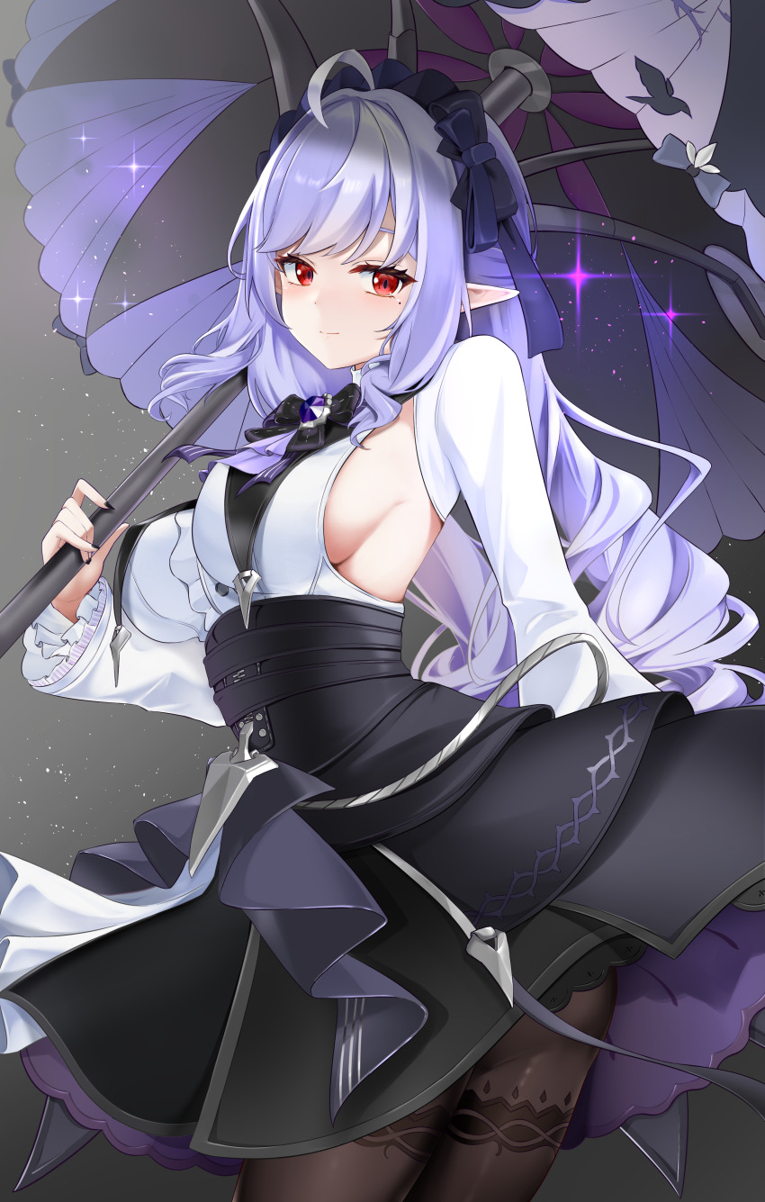 1girl absurdres ahoge black_nails breasts commentary hairband highres holding holding_umbrella long_hair long_sleeves looking_at_viewer mole mole_under_eye nail_polish oto_ichinana pantyhose pointy_ears purple_hair purple_hairband purple_umbrella red_eyes sideboob sideless_shirt sidelocks simple_background solo umbrella vivian_(zenless_zone_zero) zenless_zone_zero