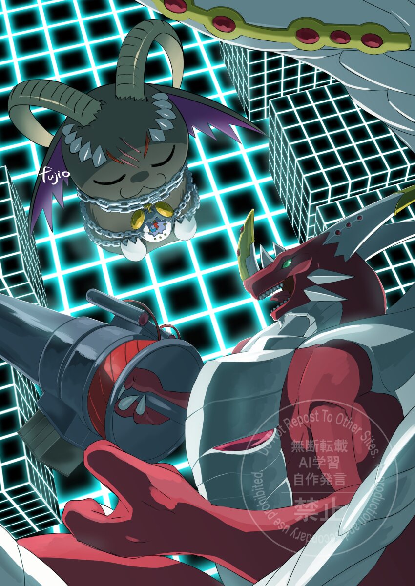 absurdres artist_name belphemon belphemon_sleep_mode black_fur body_fur chain demon digimon digimon_(creature) dragon examon fuji_o_(fujio9111) green_eyes highres holding holding_polearm holding_weapon horns midair no_humans polearm red_scales spear watermark weapon
