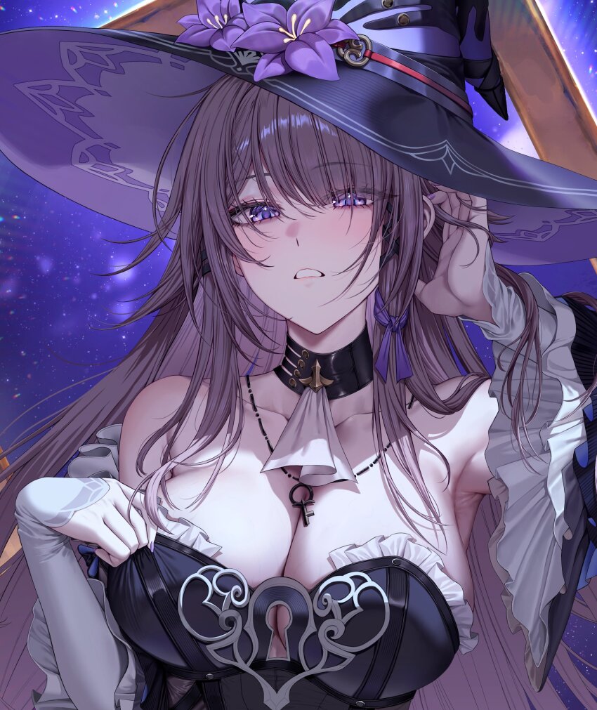 1girl absurdres bare_shoulders black_choker black_dress black_hat blue_background breasts brown_hair choker cleavage close-up closed_mouth detached_sleeves dress flower hand_in_own_hair hat hat_flower herta_(honkai:_star_rail) highres honkai:_star_rail honkai_(series) indoors jewelry key key_necklace large_breasts long_hair long_sleeves looking_at_viewer necklace nompang purple_eyes purple_flower solo the_herta_(honkai:_star_rail) very_long_hair wide_sleeves witch_hat