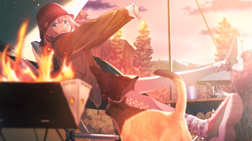 1girl blue_eyes camping cat chair cloud fire game_cg grey_hair hat idolmaster idolmaster_shiny_colors idolmaster_shiny_colors_song_for_prism mountainous_horizon official_art open_mouth own_hands_clasped pantyhose portable_stove serizawa_asahi shoe_soles sitting skirt stretching sunset table tree