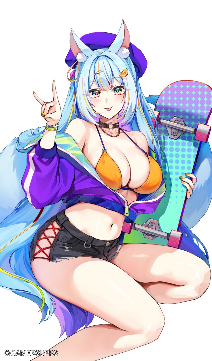 1girl absurdres animal_ears bare_legs bare_shoulders beret bikini bikini_top_only black_choker black_shorts blue_hair breasts choker cleavage closed_mouth clothing_cutout commentary cropped_jacket cutoffs fox_ears fox_girl fox_shadow_puppet fox_tail foxyreine green_eyes hand_up hat highres holding jacket large_breasts long_hair long_sleeves looking_at_viewer midriff multicolored_hair navel off_shoulder orange_bikini original purple_hat purple_jacket short_shorts shorts side_cutout sister_reine_(foxyreine) skateboard smile solo stomach string_bikini swimsuit tail thighs tongue tongue_out two-tone_hair very_long_hair