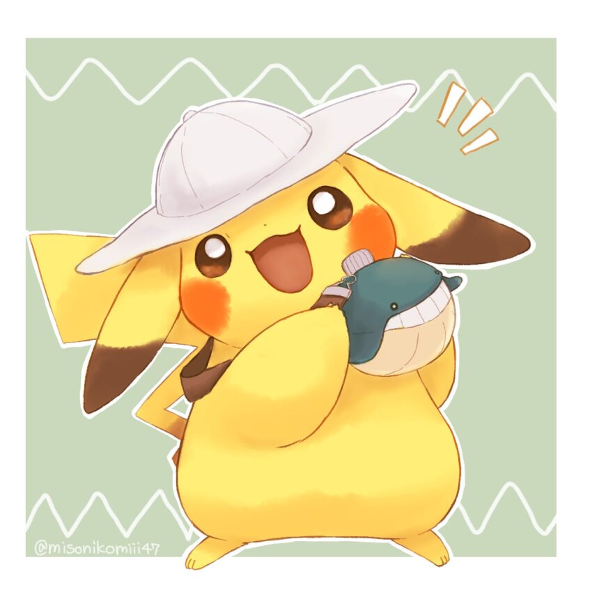 animal_ears artist_name colored_skin gen_1_pokemon gen_3_pokemon happy hat highres misonikomiii nintendo no_humans open_mouth pikachu pokemon pokemon_(creature) smile solo tail wailmer yellow_skin