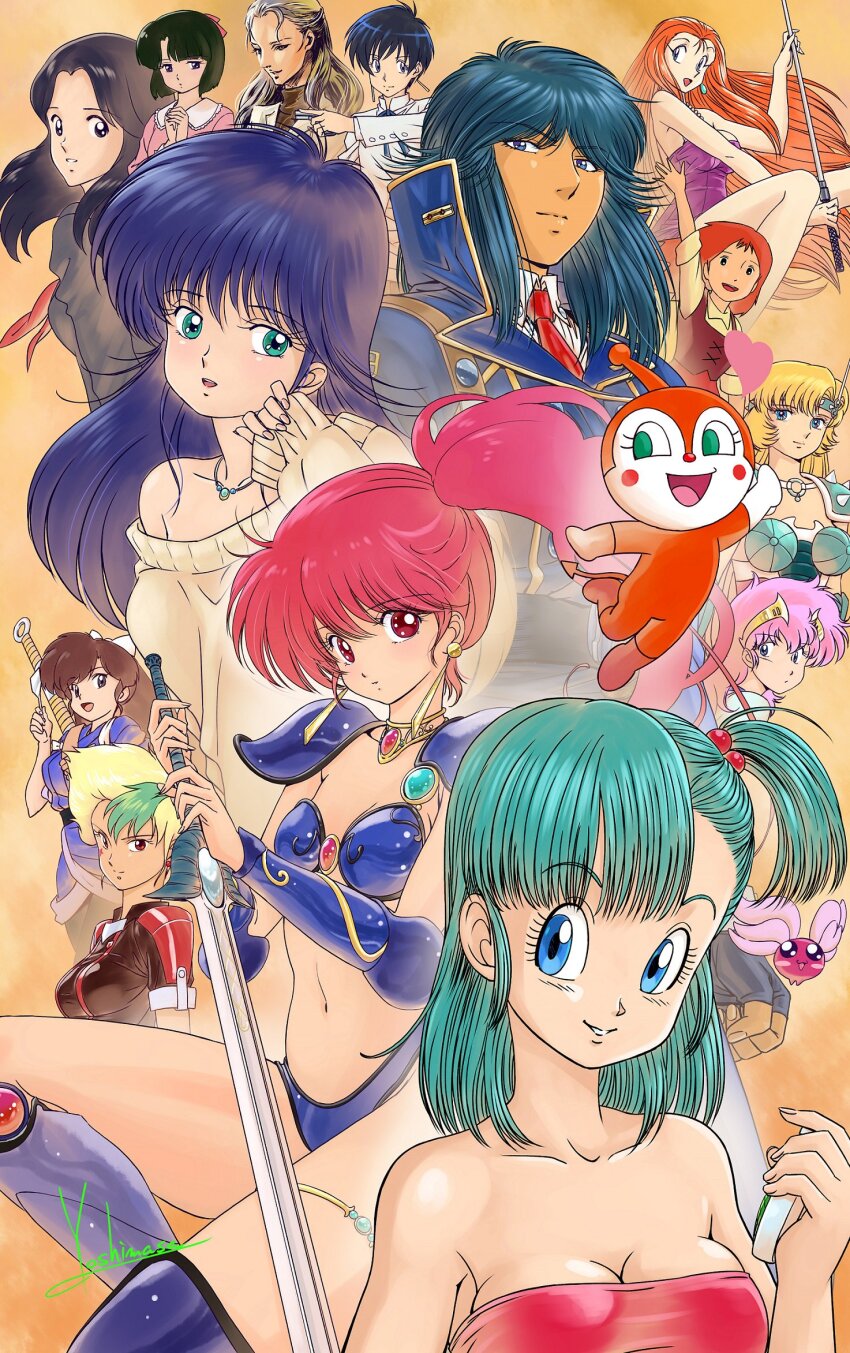 6+girls akihabara_dennou_gumi annotated anpanman aqua_hair arm_up armor artist_name asagiri_youko asymmetrical_bangs ayukawa_madoka baradagi bare_shoulders bikini_armor black_eyes black_hair black_shirt blonde_hair blue_armor blue_eyes blue_hair blue_jacket blush_stickers bodice boobplate bow breastplate breasts brown_hair bulma chameleon_june cleavage closed_mouth commentary crossover demon_tail dokin-chan dragon_ball dragon_ball_(classic) dragon_radar dress earrings facial_mark flying forehead_protector gall_force genmu_senki_leda ghost_sweeper_mikami greaves green_eyes green_hair gun hair_bow hair_ornament half-closed_eyes hand_up handgun hands_up headpiece heart highres holding holding_gun holding_spatula holding_sword holding_weapon jacket japanese_clothes jewelry kashima_miyuki kenritsu_chikyuu_boueigun kiddy_phenil kimagure_orange_road kujo_asuna kuonji_ukyou large_breasts long_hair long_sleeves looking_at_viewer looking_back looking_to_the_side lufy maison_ikkoku medium_breasts meryl_stryfe metal_gear_(series) metal_gear_solid mikami_reiko miyuki_(series) multicolored_hair multiple_girls naomi_hunter navel neckerchief necklace necktie off_shoulder one_side_up open_mouth orange_background orange_hair own_hands_together pauldrons perrine_monogatari perrine_pandaboanu petit_ange pink_bow pink_shirt poleyn purple_dress ranma_1/2 red_eyes red_hair red_jacket red_neckerchief red_necktie red_tube_top saint_seiya shirt short_hair shoulder_armor side_ponytail signature silent_moebius single_off_shoulder sleeves_past_wrists small_breasts smile spatula star_(symbol) star_facial_mark strapless strapless_dress sweater sword tail thigh_strap thighs trigun tsuru_hiromi tube_top turtleneck two-tone_hair vambraces voice_actor_connection waving weapon white_bow white_shirt white_sweater wings yoshinaga_masahiro