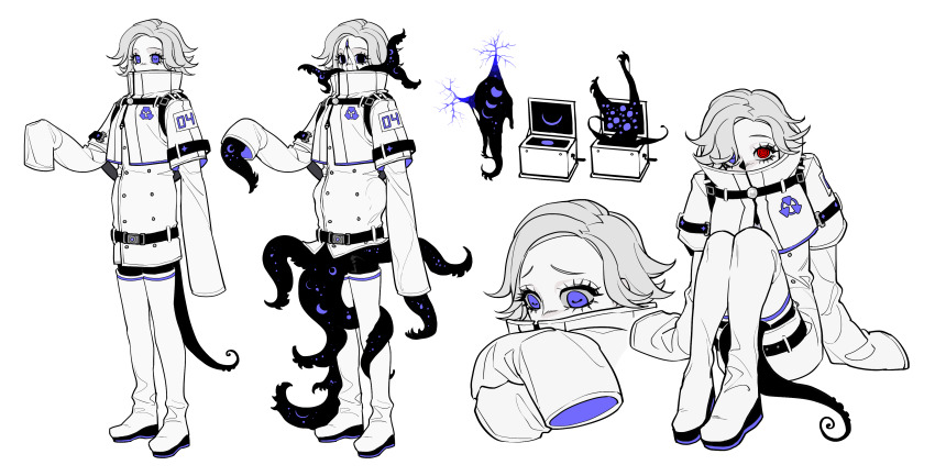 1boy @_@ absurdres alternate_costume alternate_eye_color alternate_universe aotsuki_eito belt boots box chinese_commentary commentary_request covered_mouth cracked_skin crescent_moon cropped_jacket cropped_shoulders eldritch_abomination gibbous_moon grey_hair heterochromia highres horizontal_pupils jacket knees_up looking_at_viewer male_focus moon moon_phases multiple_belts multiple_views platform_boots purple_eyes red_eyes short_hair simple_background sitting sleeves_past_fingers sleeves_past_wrists standing tentacle_arm tentacles the_hundred_line_-last_defense_academy- white_background white_boots white_jacket yeshaqianww