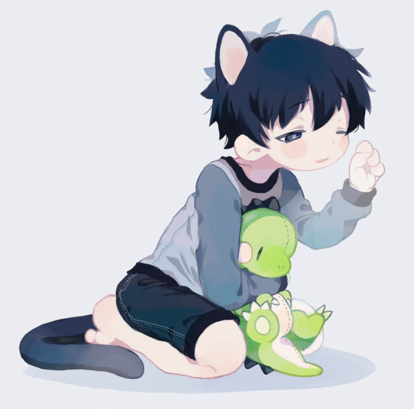 1boy animal_ears barefoot black_eyes black_hair black_shorts blush_stickers cat_boy cat_ears cat_tail commentary_request cotono_(nazekun) full_body grey_background grey_shirt hand_up holding holding_stuffed_toy kneeling long_sleeves male_focus neko-kun_(cotono_(nazekun)) one_eye_closed open_mouth original raglan_sleeves shirt short_hair shorts simple_background sleepy solo stuffed_dinosaur stuffed_toy tail