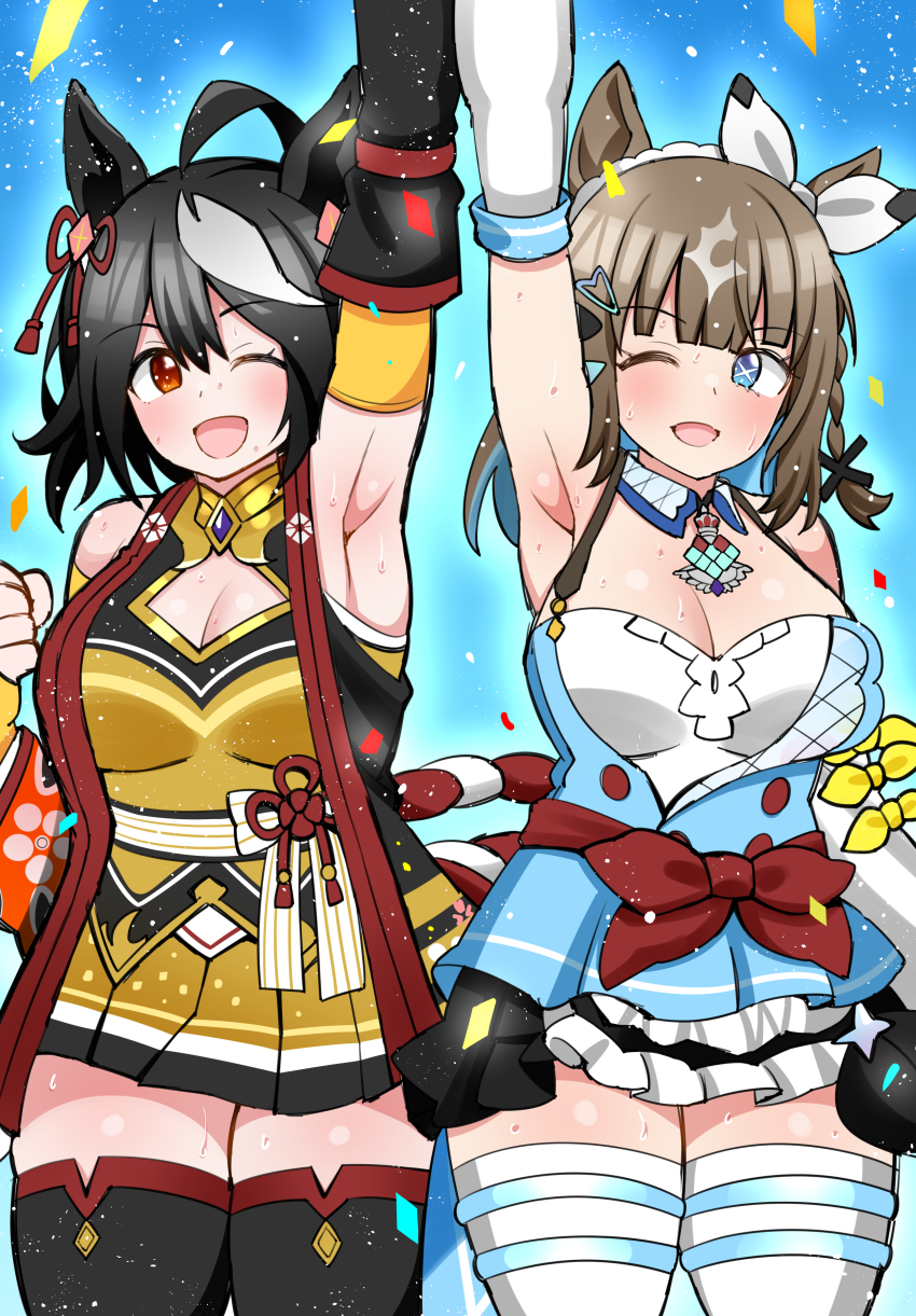 2girls absurdres ahoge almond_eye_(umamusume) animal_ears aramori_susumu armpits birthday_connection black_hair blue_background blue_eyes blush breasts brown_hair cleavage collarbone commentary_request detached_sleeves hair_ornament hairband hairclip highres kitasan_black_(umamusume) looking_at_viewer multiple_girls open_mouth presenting_armpit red_eyes sweat thick_thighs thighhighs thighs umamusume