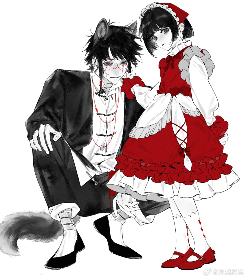 1boy 1girl absurdres animal_ears black_hair couple headscarf highres li_yuting_(female) long_sleeves mole mole_under_eye short_hair simple_background smile tongzhi_jiashu touqi_guaitan ziche_fuzhao