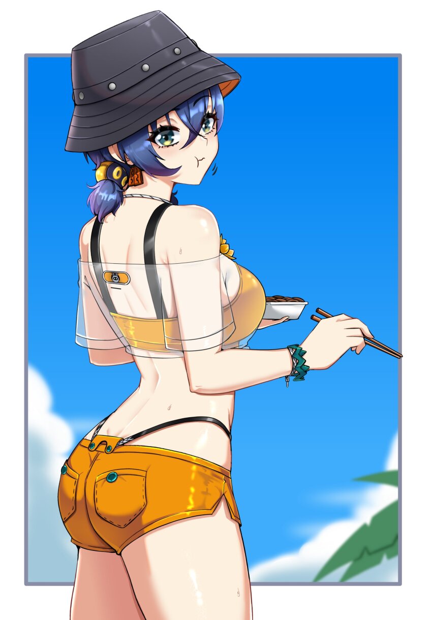 1girl absurdres ass bare_shoulders belle_(summer_skies)_(zenless_zone_zero) belle_(zenless_zone_zero) bikini black_hat blue_hair blue_sky bowl breasts bucket_hat chopsticks commentary cowboy_shot eating english_commentary green_eyes hat highres holding holding_bowl holding_chopsticks large_breasts lion_space looking_to_the_side off-shoulder_shirt off_shoulder official_alternate_costume orange_bikini orange_shorts outdoors see-through_clothes see-through_shirt shirt short_shorts short_sleeves shorts sky solo swimsuit white_shirt zenless_zone_zero
