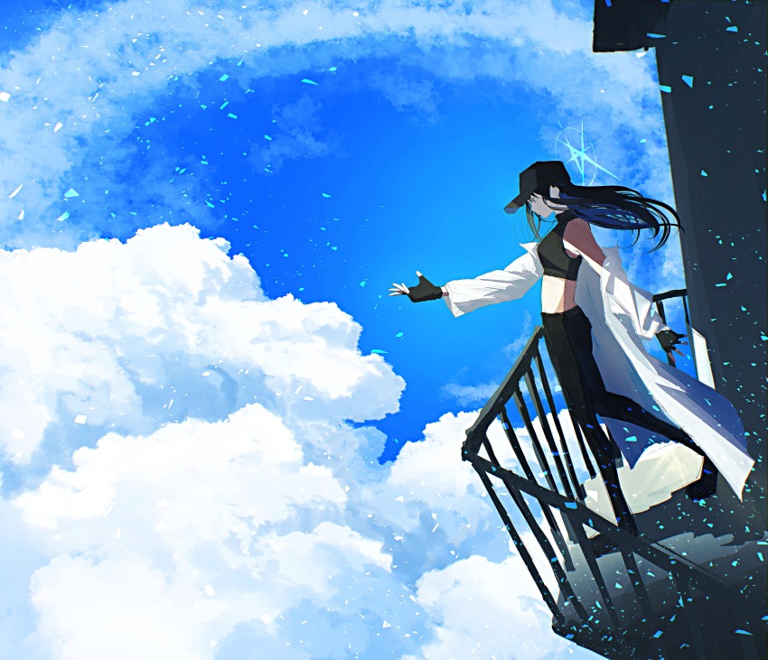 1girl absurdres baseball_cap black_gloves black_hair blue_archive blue_hair blue_halo blue_sky cloud coat coat_partially_removed commentary_request crop_top day fingerless_gloves from_side gloves halo hat highres kani_etizen03 long_hair multicolored_hair outstretched_arm railing saori_(blue_archive) shirt sky sleeveless sleeveless_shirt sleeveless_turtleneck solo turtleneck two-tone_hair white_coat