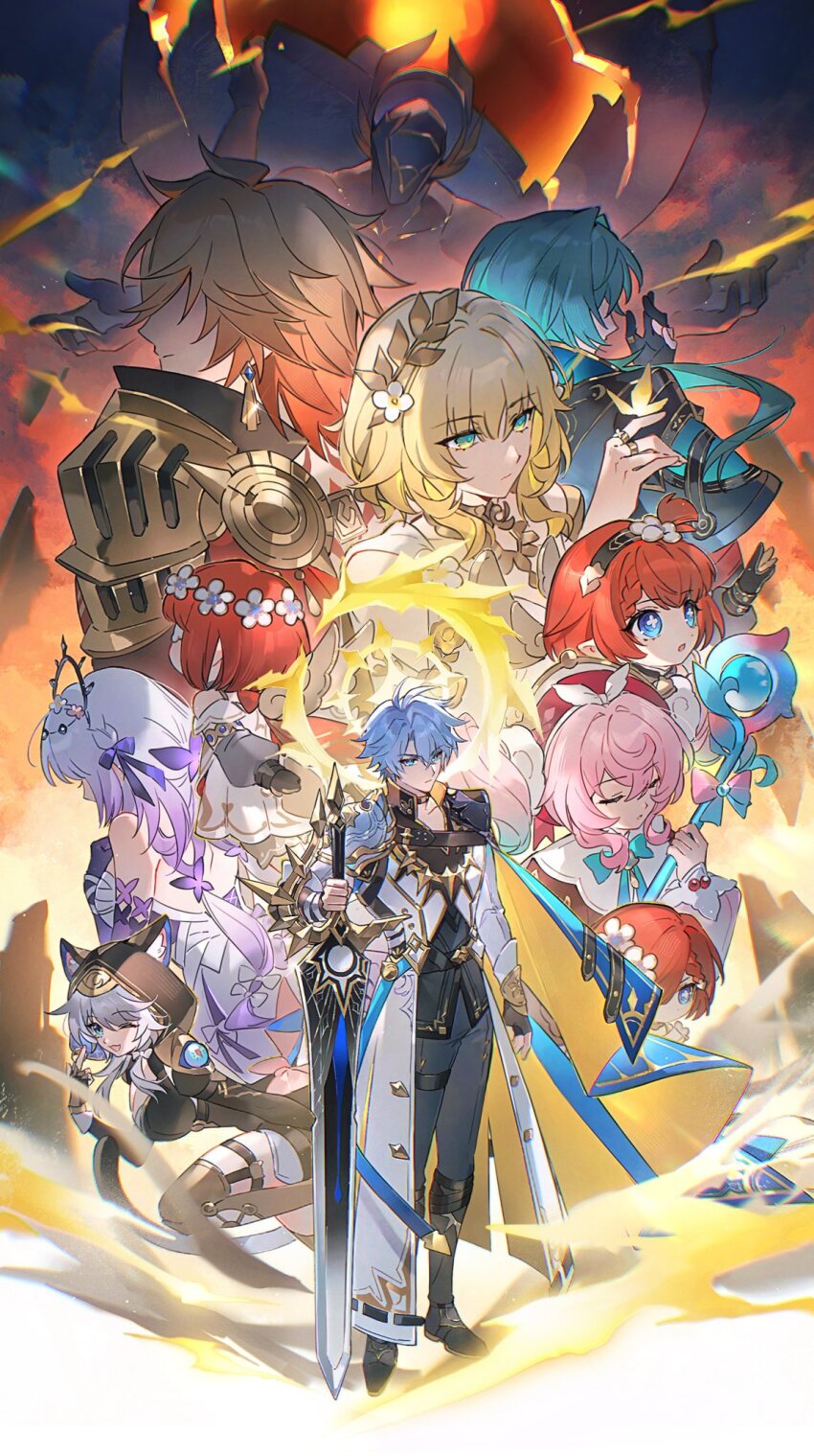 3boys 6+girls aglaea_(honkai:_star_rail) anaxa_(honkai:_star_rail) animal_ears antenna_hair aqua_eyes aqua_hair armor back_tattoo black_choker black_coat black_gloves black_pants black_shirt blonde_hair blue_cape blue_eyes bug butterfly cape castorice_(honkai:_star_rail) cat_ears cat_girl choker cipher_(honkai:_star_rail) coat commentary dress fingerless_gloves gloves gradient_hair halo halo_behind_head hat highres holding holding_sword holding_weapon honkai:_star_rail honkai_(series) hood hood_up hyacine_(honkai:_star_rail) insect kephale_(honkai:_star_rail) laurel_crown long_hair medium_hair multicolored_hair multiple_boys multiple_girls mydei_(honkai:_star_rail) open_clothes open_coat osamu18568716 pants parted_bangs pauldrons phainon_(honkai:_star_rail) pink_hair purple_hair red_hair red_hat red_tattoo shirt short_hair shoulder_armor single_glove single_pauldron sword tattoo thigh_strap tiara trianne_(honkai:_star_rail) tribbie_(honkai:_star_rail) trinnon_(honkai:_star_rail) weapon white_coat white_dress white_hair yellow_butterfly yellow_halo