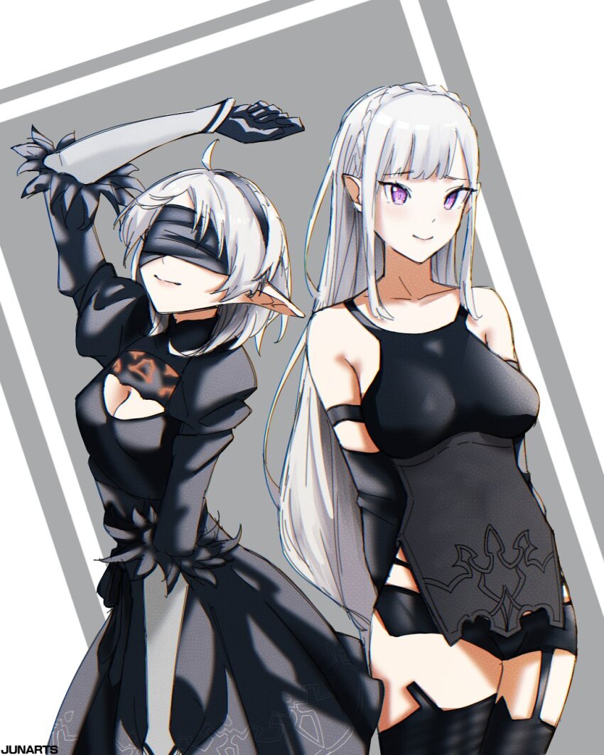 2b_(nier:automata) 2b_(nier:automata)_(cosplay) a2_(nier:automata) a2_(nier:automata)_(cosplay) ahoge android arm_up artist_name bare_shoulders black_dress blunt_bangs breasts cleavage cleavage_cutout clothing_cutout collarbone cosplay covered_eyes dress elf emilia_(re:zero) feather_trim headband highres junarts long_hair medium_breasts medium_hair mushoku_tensei nier:automata nier_(series) pointy_ears purple_eyes re:zero_kara_hajimeru_isekai_seikatsu short_shorts shorts simple_background small_breasts sylphiette_(mushoku_tensei) thighhighs upper_body white_hair