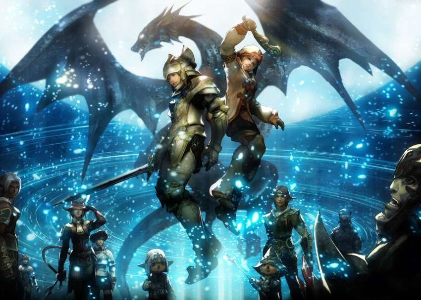 2boys 2others 6+girls :d adventurer_(ff11) armor ascot bare_shoulders black_armor black_gloves black_hat black_helmet black_mage_(final_fantasy) black_skirt black_thighhighs blonde_hair breastplate brown_hair brown_mittens cat_tail closed_mouth colored_skin commentary cropped dancer dancer_(final_fantasy) dark-skinned_female dark_knight_(final_fantasy) dark_skin dragon elf elvaan final_fantasy final_fantasy_xi flower full_armor galka gauntlets gloves greaves green_skin grey_hair hair_flower hair_ornament hat hat_feather headband helmet highres holding holding_staff holding_sword holding_weapon hume japanese_clothes long_sleeves mask miniskirt mithra_(ff11) mittens monk_(final_fantasy) monocle mortarboard mouth_mask multiple_boys multiple_girls multiple_others naora_yusuke ninja ninja_(final_fantasy) ninja_mask official_art open_mouth paladin_(final_fantasy) parted_lips pointy_ears red_flower red_hair red_mage_(final_fantasy) scholar_(final_fantasy) second-party_source shinryuu_(final_fantasy) shoulder_armor skirt smile staff sword tail tarutaru teeth thief_(final_fantasy) thighhighs third-party_edit upper_teeth_only weapon white_ascot white_mage_(final_fantasy) witch_hat zettai_ryouiki